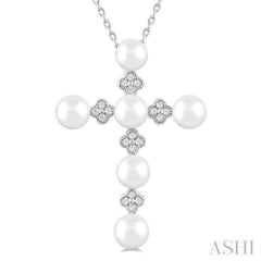 4 MM Round Shape Cultured Pearl and  1/10 Ctw Clover Round Cut Diamond Cross Pendant With Chain in 10K White Gold 4 MM Round Shape Cultured Pearl and  1/10 Ctw Clover Round Cut Diamond Cross Pendant With Chain in 10K White Gold