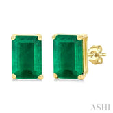 6X4 MM Octagon Shape Emerald Precious Gemstone Stud Earrings in 14K Yellow Gold