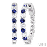 2.4 MM Round Cut Sapphire and 5/8 Ctw Round Cut Diamond Precious Hoop Earring in 14K White Gold