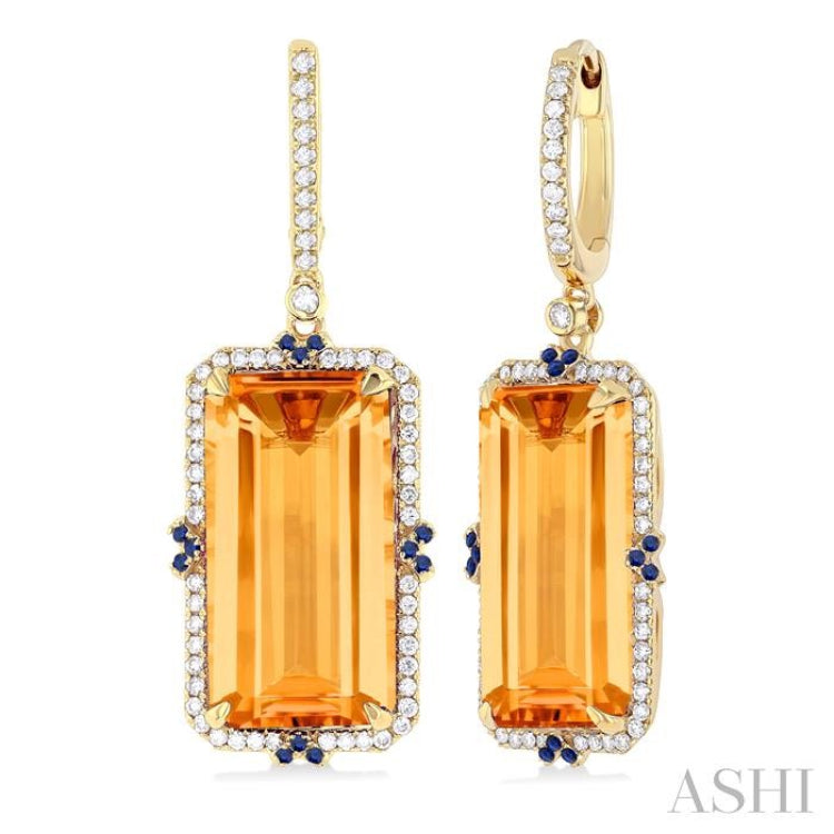 17x9 MM Emerald Cut Citrine and .80 MM Sapphire & 1/3 Ctw Round Cut Diamond Halo Precious & Semi-Precious Earrings in 14K Yellow Gold 17x9 MM Emerald Cut Citrine and .80 MM Sapphire & 1/3 Ctw Round Cut Diamond Halo Precious & Semi-Precious Earrings in 14K Yellow Gold