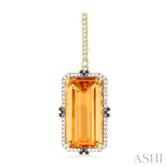 17x9 MM Emerald Cut Citrine and .80 MM Sapphire & 1/3 Ctw Round Cut Diamond Halo Precious & Semi-Precious Earrings in 14K Yellow Gold 17x9 MM Emerald Cut Citrine and .80 MM Sapphire & 1/3 Ctw Round Cut Diamond Halo Precious & Semi-Precious Earrings in 14K Yellow Gold