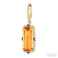 17x9 MM Emerald Cut Citrine and .80 MM Sapphire & 1/3 Ctw Round Cut Diamond Halo Precious & Semi-Precious Earrings in 14K Yellow Gold 17x9 MM Emerald Cut Citrine and .80 MM Sapphire & 1/3 Ctw Round Cut Diamond Halo Precious & Semi-Precious Earrings in 14K Yellow Gold