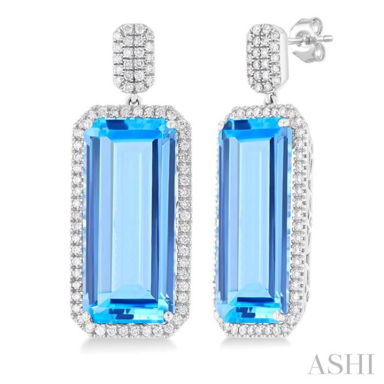 22x10 MM Emerald Cut Blue Topaz and 7/8 Ctw Round Cut Diamond Halo Semi-Precious Earrings in 14K White Gold 22x10 MM Emerald Cut Blue Topaz and 7/8 Ctw Round Cut Diamond Halo Semi-Precious Earrings in 14K White Gold