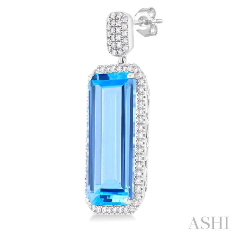 22x10 MM Emerald Cut Blue Topaz and 7/8 Ctw Round Cut Diamond Halo Semi-Precious Earrings in 14K White Gold 22x10 MM Emerald Cut Blue Topaz and 7/8 Ctw Round Cut Diamond Halo Semi-Precious Earrings in 14K White Gold