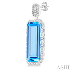 22x10 MM Emerald Cut Blue Topaz and 7/8 Ctw Round Cut Diamond Halo Semi-Precious Earrings in 14K White Gold 22x10 MM Emerald Cut Blue Topaz and 7/8 Ctw Round Cut Diamond Halo Semi-Precious Earrings in 14K White Gold