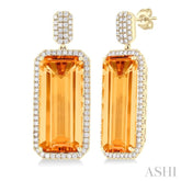 22x10 MM Emerald Cut Citrine and 7/8 Ctw Round Cut Diamond Halo Semi-Precious Earrings in 14K Yellow Gold