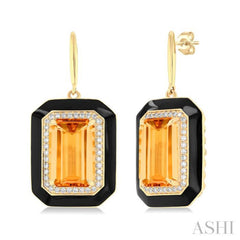 12x8 MM Emerald Cut Citrine and 1/3 Ctw Round Cut Diamond Halo & Black Enamel Border Semi-Precious Earrings in 14K Yellow Gold 12x8 MM Emerald Cut Citrine and 1/3 Ctw Round Cut Diamond Halo & Black Enamel Border Semi-Precious Earrings in 14K Yellow Gold