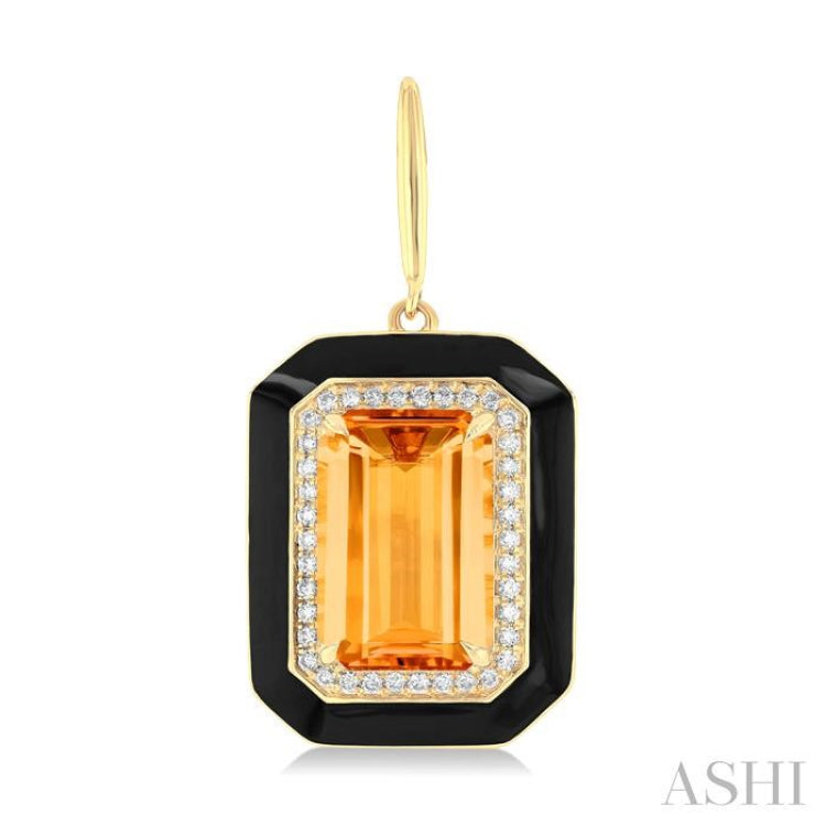 12x8 MM Emerald Cut Citrine and 1/3 Ctw Round Cut Diamond Halo & Black Enamel Border Semi-Precious Earrings in 14K Yellow Gold 12x8 MM Emerald Cut Citrine and 1/3 Ctw Round Cut Diamond Halo & Black Enamel Border Semi-Precious Earrings in 14K Yellow Gold