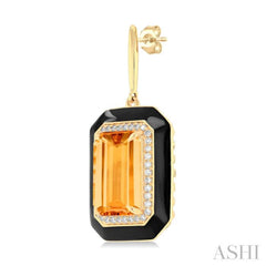 12x8 MM Emerald Cut Citrine and 1/3 Ctw Round Cut Diamond Halo & Black Enamel Border Semi-Precious Earrings in 14K Yellow Gold 12x8 MM Emerald Cut Citrine and 1/3 Ctw Round Cut Diamond Halo & Black Enamel Border Semi-Precious Earrings in 14K Yellow Gold