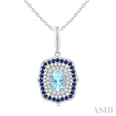 7x5 MM Oval Cut Aquamarine, 1.25MM Sapphire and 1/3 Ctw Round Cut Diamond Halo Precious and Semi-Precious Fashion Pendant With Chain in 14K White Gold