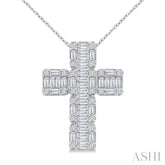 1 Ctw Fusion Baguette and Round Cut Diamond Cross Fashion Pendant With Chain in 14K White Gold