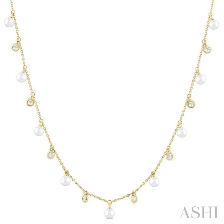 4 MM Round Shape Cultured Pearl and 1/4 Ctw Round Cut Diamond Station Necklace in 14K Yellow Gold 4 MM Round Shape Cultured Pearl and 1/4 Ctw Round Cut Diamond Station Necklace in 14K Yellow Gold