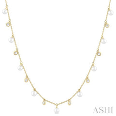 4 MM Round Shape Cultured Pearl and 1/4 Ctw Round Cut Diamond Station Necklace in 14K Yellow Gold 4 MM Round Shape Cultured Pearl and 1/4 Ctw Round Cut Diamond Station Necklace in 14K Yellow Gold