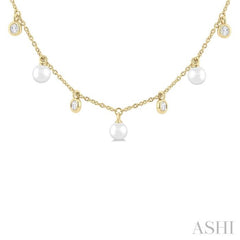 4 MM Round Shape Cultured Pearl and 1/4 Ctw Round Cut Diamond Station Necklace in 14K Yellow Gold 4 MM Round Shape Cultured Pearl and 1/4 Ctw Round Cut Diamond Station Necklace in 14K Yellow Gold