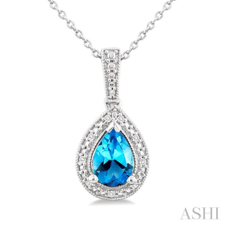 7X5 MM Pear Shape Blue Topaz  and 1/50 Ctw Single Cut Diamond Semi-precious Pendant With Chain in Sterling Silver 7X5 MM Pear Shape Blue Topaz  and 1/50 Ctw Single Cut Diamond Semi-precious Pendant With Chain in Sterling Silver