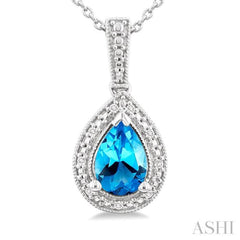 7X5 MM Pear Shape Blue Topaz  and 1/50 Ctw Single Cut Diamond Semi-precious Pendant With Chain in Sterling Silver 7X5 MM Pear Shape Blue Topaz  and 1/50 Ctw Single Cut Diamond Semi-precious Pendant With Chain in Sterling Silver