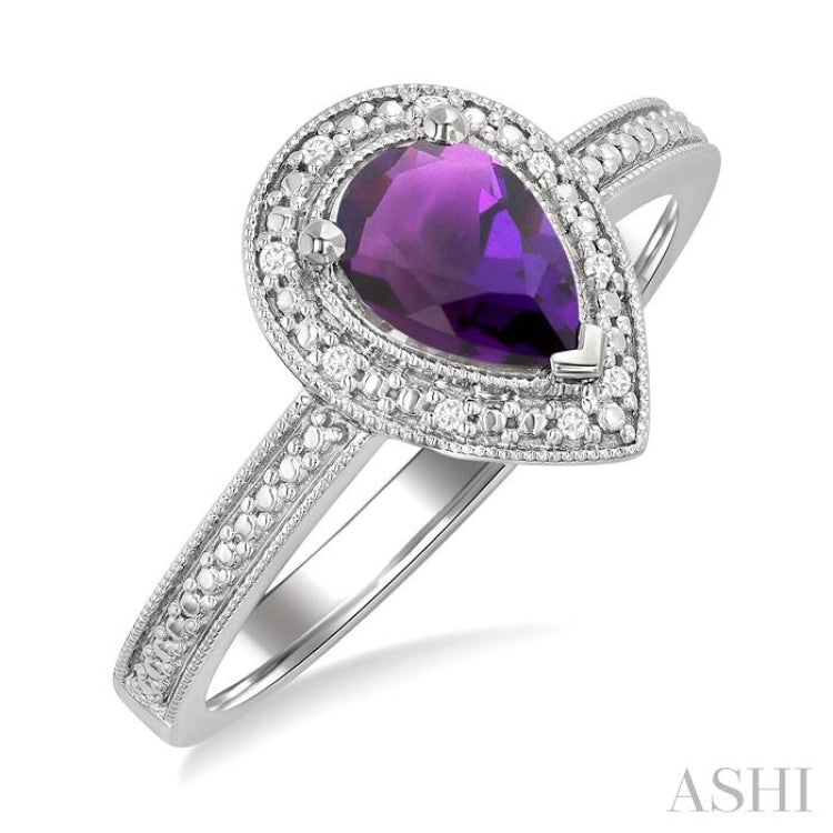 7x5 MM Pear Shape Amethyst and 1/50 Ctw Single Cut Diamond Semi-precious Ring in Sterling Silver 7x5 MM Pear Shape Amethyst and 1/50 Ctw Single Cut Diamond Semi-precious Ring in Sterling Silver