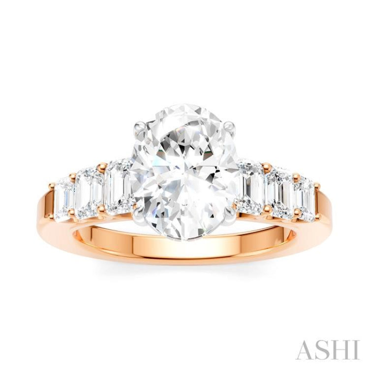 1 Ctw Oval Shape Emerald and Round Cut Diamond Semi-Mount Engagement Ring in 14K Rose and White Gold
