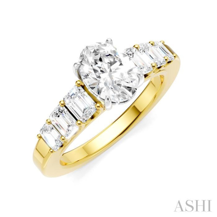 1 Ctw Oval Shape Emerald and Round Cut Diamond Semi-Mount Engagement Ring in 14K yellow and White Gold
