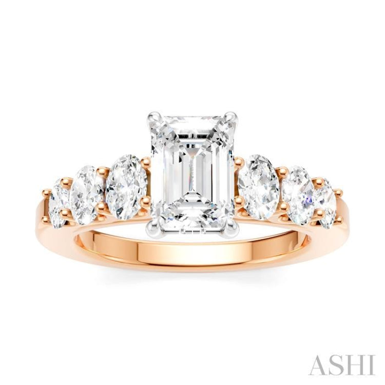 1 Ctw Emerald Shape Oval and Round Cut Diamond Semi-Mount Engagement Ring in 14K Rose and White Gold