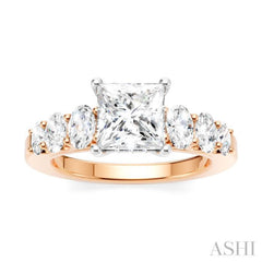 1 Ctw Princess Shape Oval and Round Cut Diamond Semi-Mount Engagement Ring in 14K Rose and White Gold