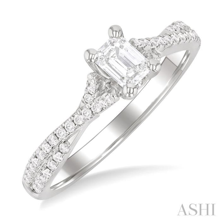 1/4 Ctw Split Crisscross Shank Emerald Shape Round Cut Diamond Semi-Mount Engagement Ring in 14K White Gold