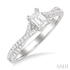 1/4 Ctw Split Crisscross Shank Emerald Shape Round Cut Diamond Semi-Mount Engagement Ring in 14K White Gold