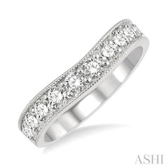 1 ctw Curved Center Milgrain Border Round Cut Diamond Wedding Band in 14K White Gold
