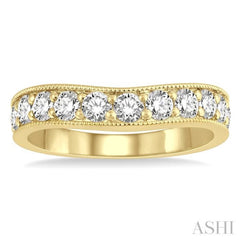 1 ctw Curved Center Milgrain Border Round Cut Diamond Wedding Band in 14K Yellow Gold