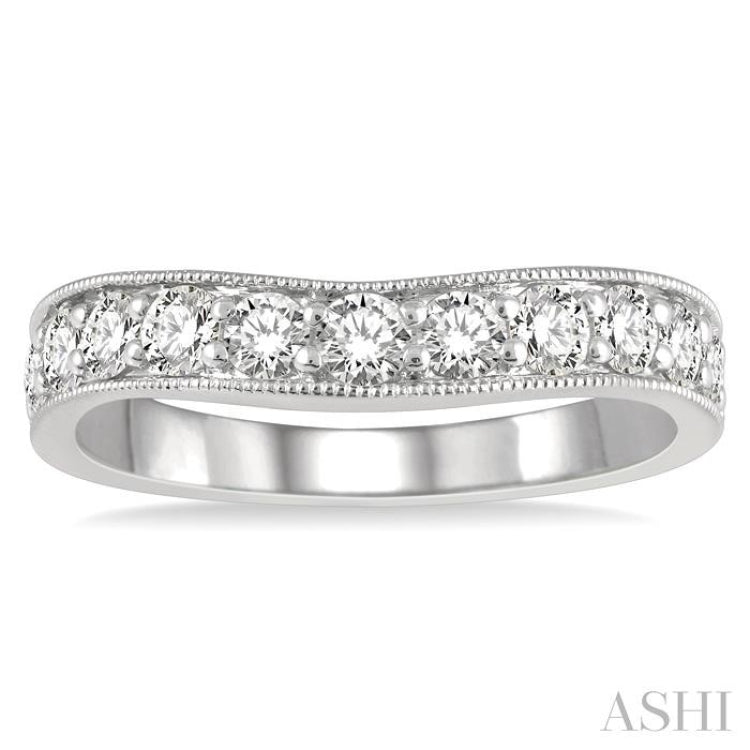 3/4 ctw Curved Center Milgrain Border Round Cut Diamond Wedding Band in 14K White Gold