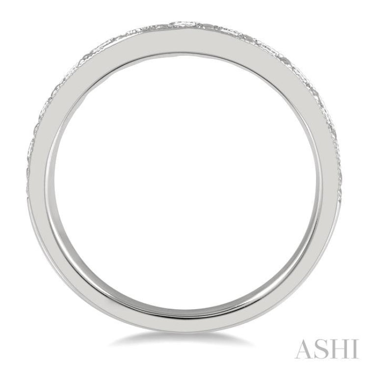 3/4 ctw Curved Center Milgrain Border Round Cut Diamond Wedding Band in 14K White Gold
