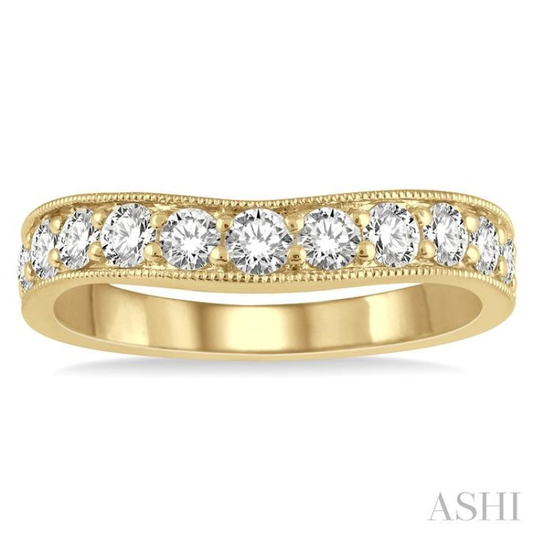 3/4 ctw Curved Center Milgrain Border Round Cut Diamond Wedding Band in 14K Yellow Gold