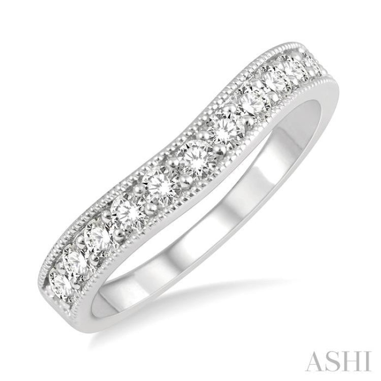 1/2 ctw Curved Center Milgrain Border Round Cut Diamond Wedding Band in 14K White Gold