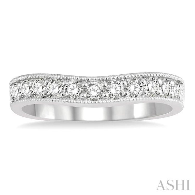 1/2 ctw Curved Center Milgrain Border Round Cut Diamond Wedding Band in 14K White Gold