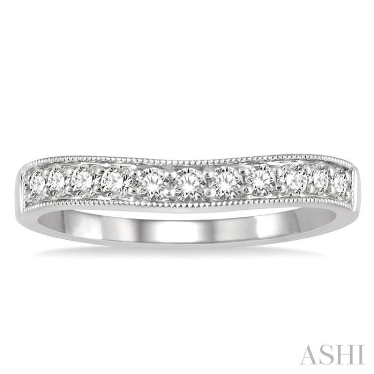 1/3 ctw Curved Center Milgrain Border Round Cut Diamond Wedding Band in 14K White Gold