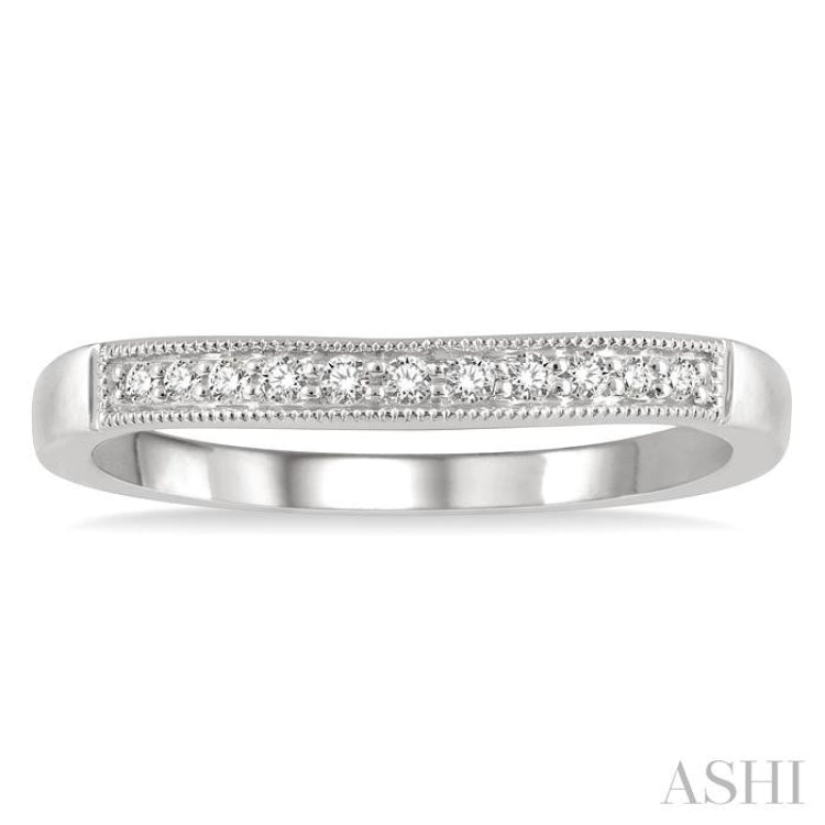 1/10 ctw Curved Center Milgrain Border Round Cut Diamond Wedding Band in 14K White Gold