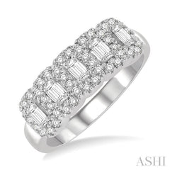 1 Ctw Emerald Shape 5 Stone Emerald & Round Cut Diamond Halo Wedding Band in 14K White Gold
