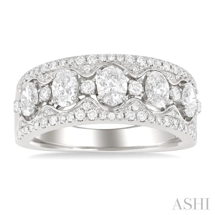 1 1/5 Ctw 5-Stone Oval and Round Cut Diamond Wide Fashion Band in 14K White Gold