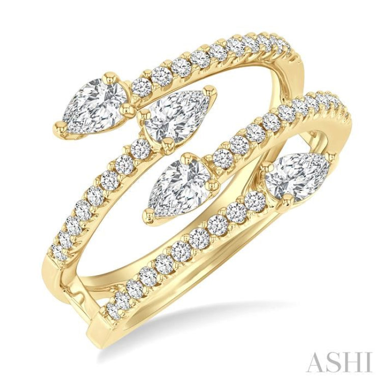 7/8 Ctw Split Double Bypass Pear and Round Cut Diamond Open Fashion Ring in 14K Yellow Gold