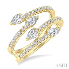 7/8 Ctw Split Double Bypass Pear and Round Cut Diamond Open Fashion Ring in 14K Yellow Gold