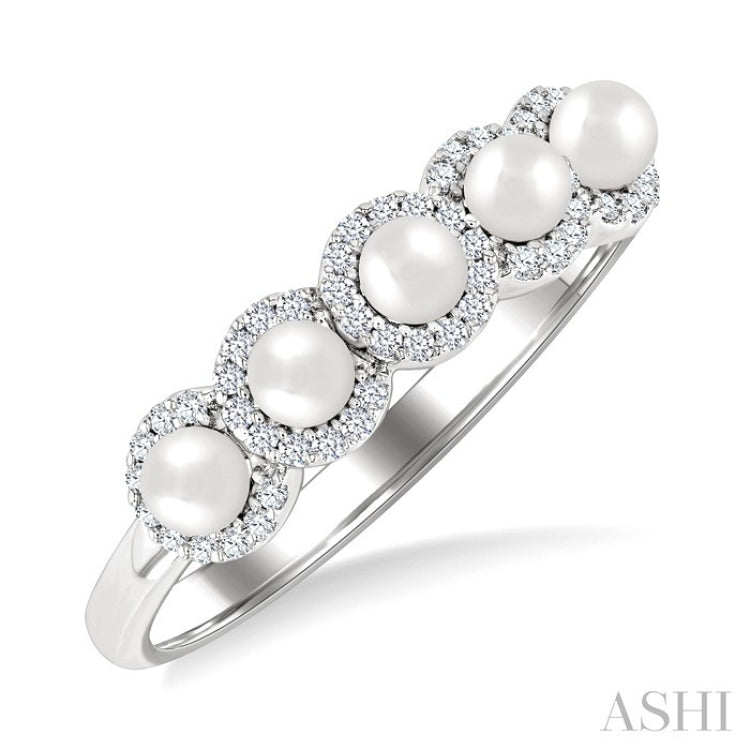 3 MM White Pearl and 1/6 Ctw Round Cut Diamond Halo Ring in 14K White Gold