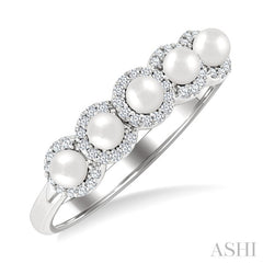 3 MM White Pearl and 1/6 Ctw Round Cut Diamond Halo Ring in 14K White Gold