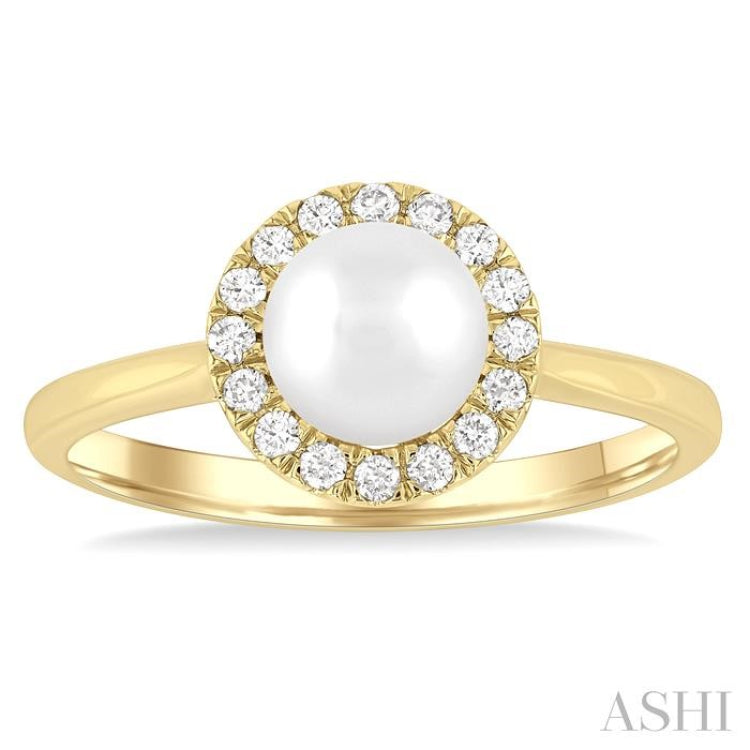 6 MM White Cultured Pearl and 1/6 Ctw Round Cut Diamond Halo Ring in 14K Yellow Gold