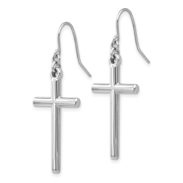 14k White Gold Hollow Polished Cross Dangle French Hook Earrings