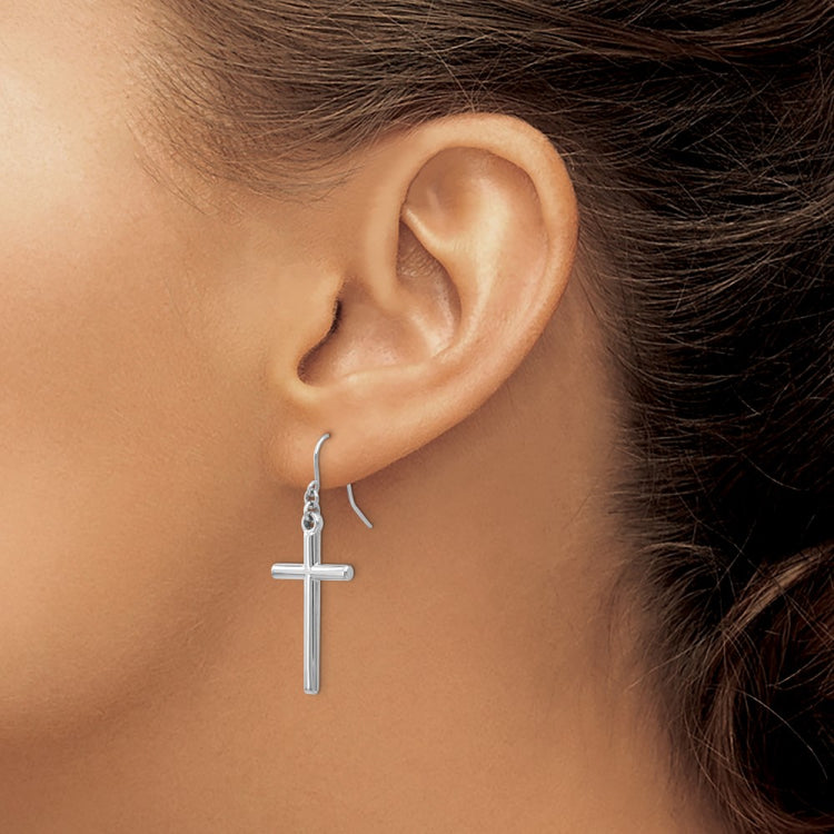 14k White Gold Hollow Polished Cross Dangle French Hook Earrings