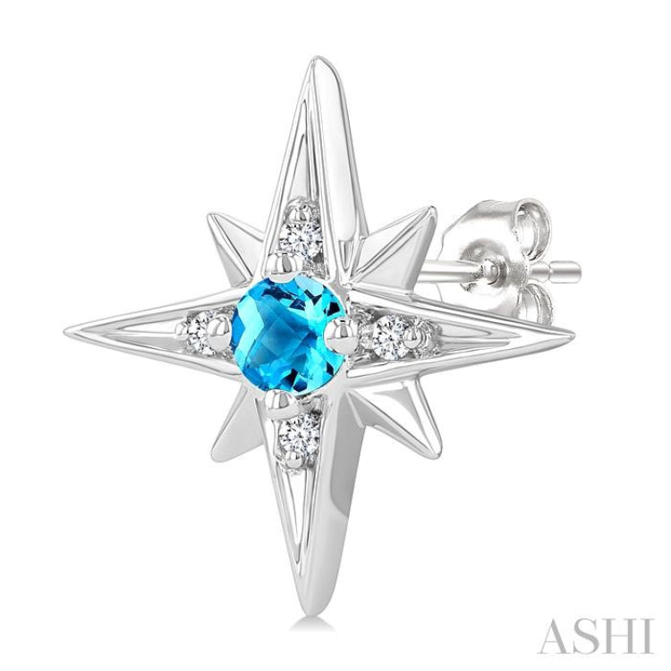 3 MM Round Cut Blue Topaz and 1/20 Ctw Round Cut Diamond Semi-Precious Fashion Earrings in Sterling Silver