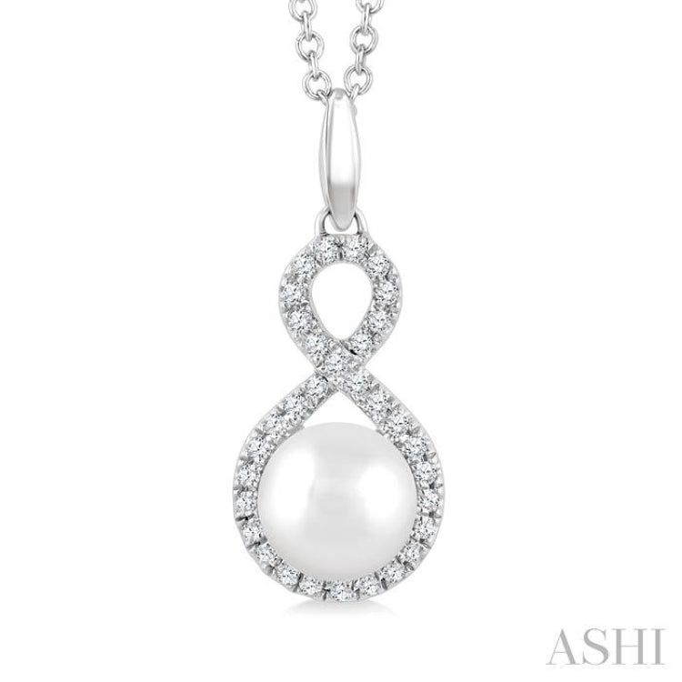 6 MM Cultured Pearl and 1/8 Ctw Single Cut Diamond Petite Fashion Pendant With Chain in 10K White Gold
