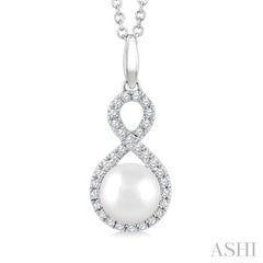 6 MM Cultured Pearl and 1/8 Ctw Single Cut Diamond Petite Fashion Pendant With Chain in 10K White Gold
