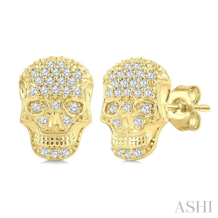 1/6 Ctw Petite Skull Single Cut Diamond Fashion Earrings in 10K Yellow Gold
