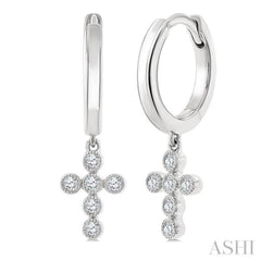 1/10 Ctw Single Cut Diamond Cross Petite Huggie Earrings in 10K White Gold